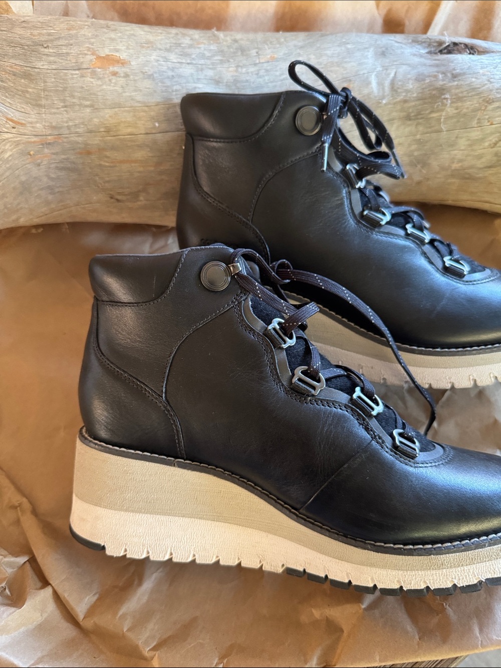 Like New,Cole Haan Black Leather Wedge Lace-Up Hiking Booties w/  White Platform